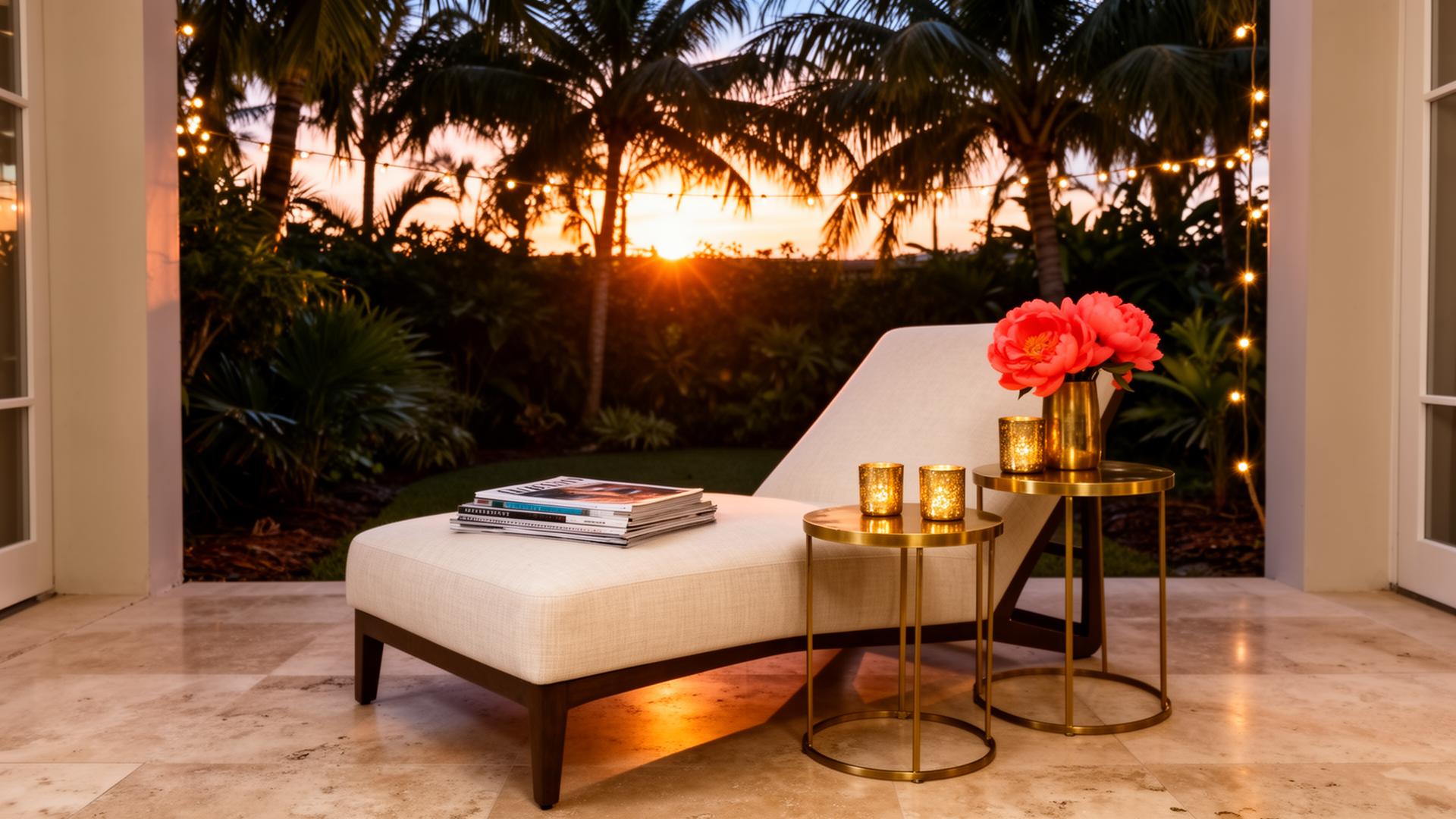 A Miami garden lounge at dusk — palms backlit by warm sunset, brass side tables with coral peonies and gold candle holders, string lights overhead.