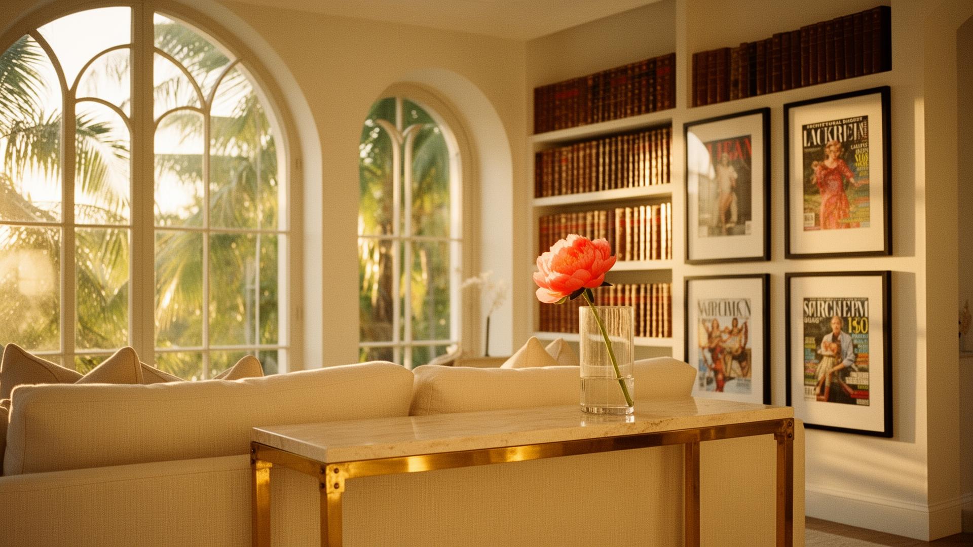 Authority — cover. A Miami living room at golden hour with palm-fronded arched windows, brass console, framed magazine wall, and a single coral peony.