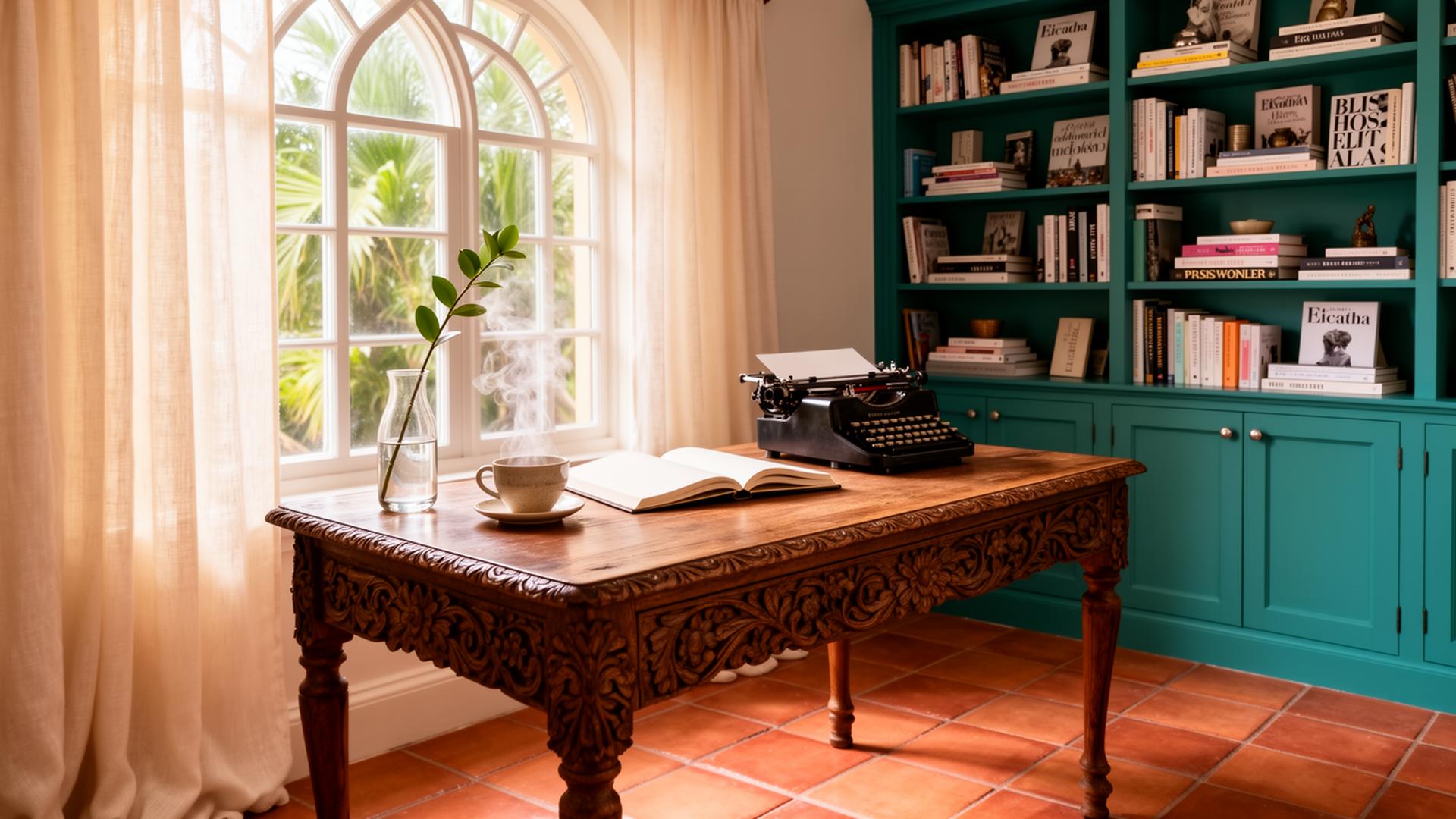 The Bliss House writing study — a carved desk, vintage typewriter, and teal built-in bookshelves.