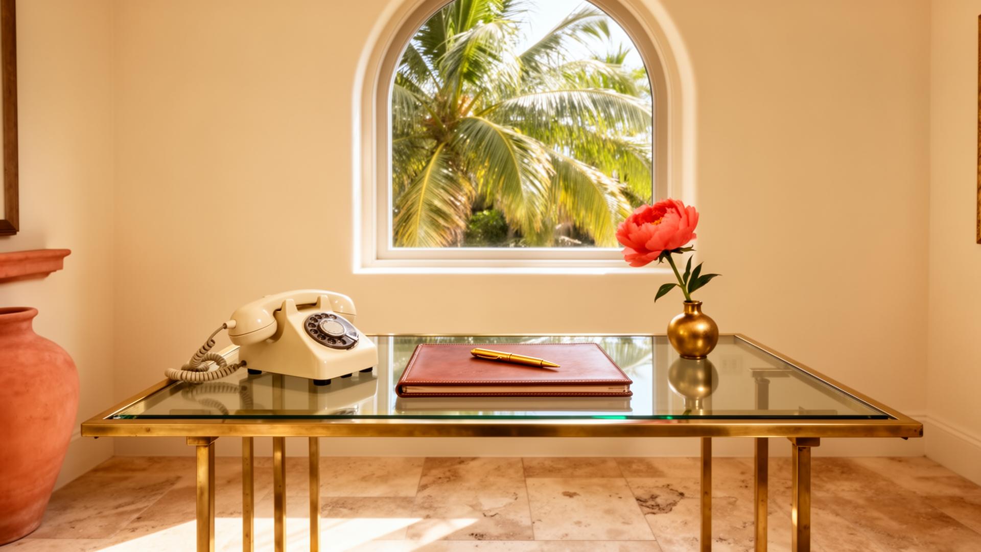 The Bliss House writing desk — brass and glass, leather notebook, a single coral peony framed by a palm-fronded arched window.