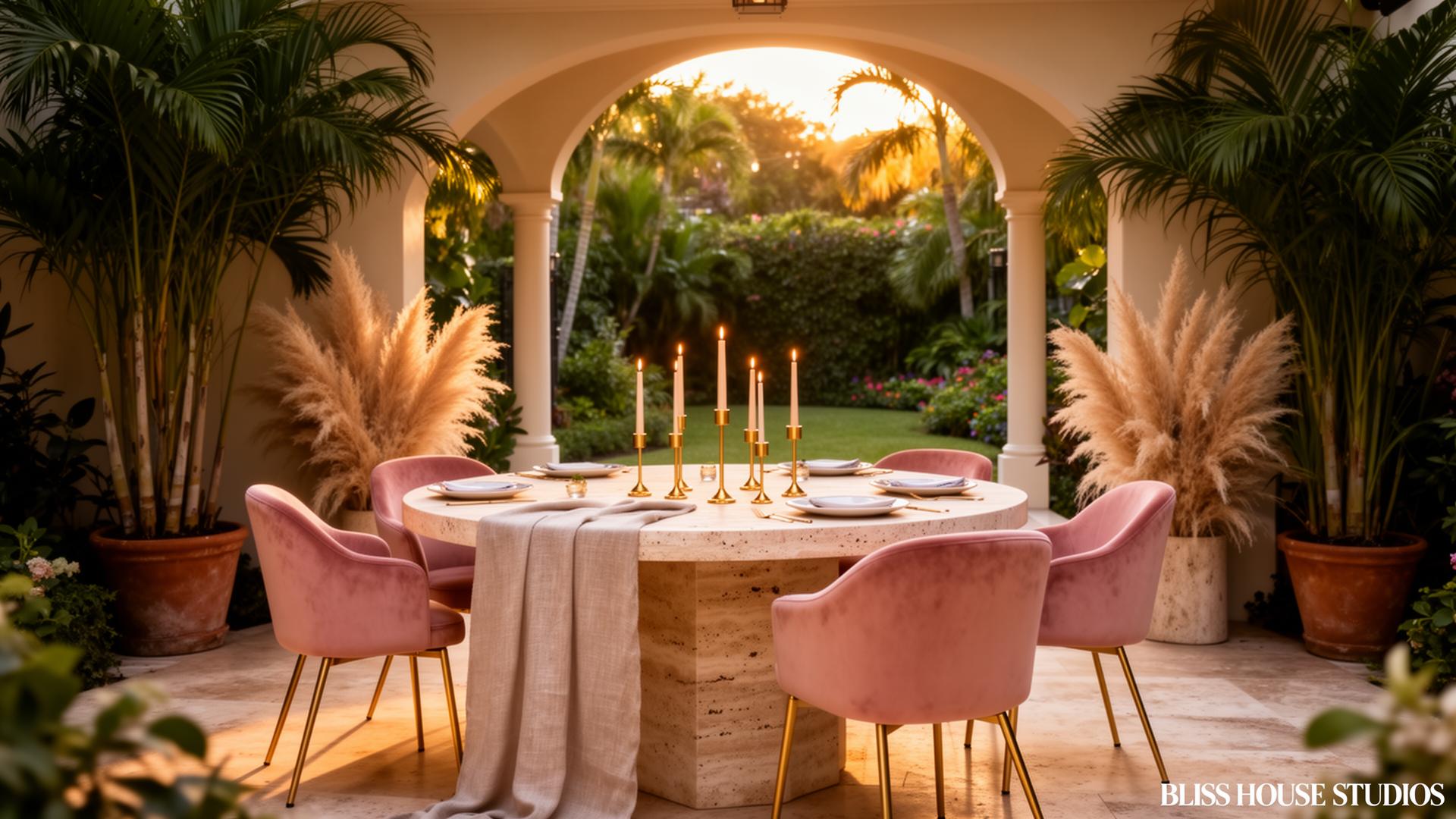 The Bliss House garden table set for an intimate launch dinner — travertine, blush velvet chairs with gold legs, lit candles, pampas grass, framed by palms at golden hour.