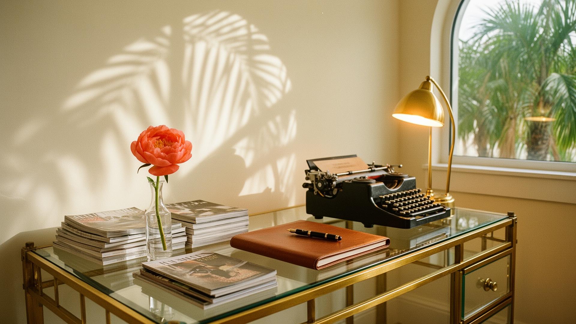 A Miami writing desk in brass and glass with a leather notebook, fountain pen, and a single coral peony — palm shadows on the cream wall.