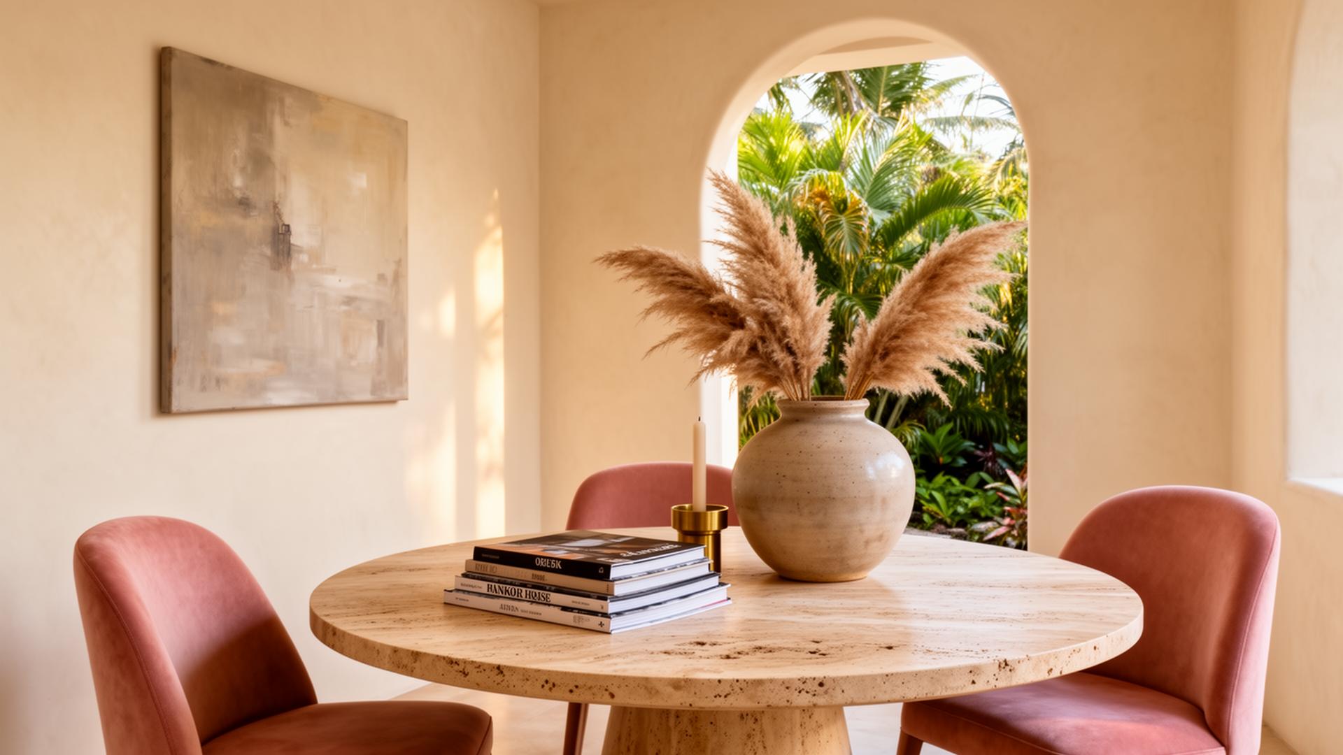 The Bliss House garden parlor — a travertine table, blush chairs, and pampas grass framed by an arched doorway.